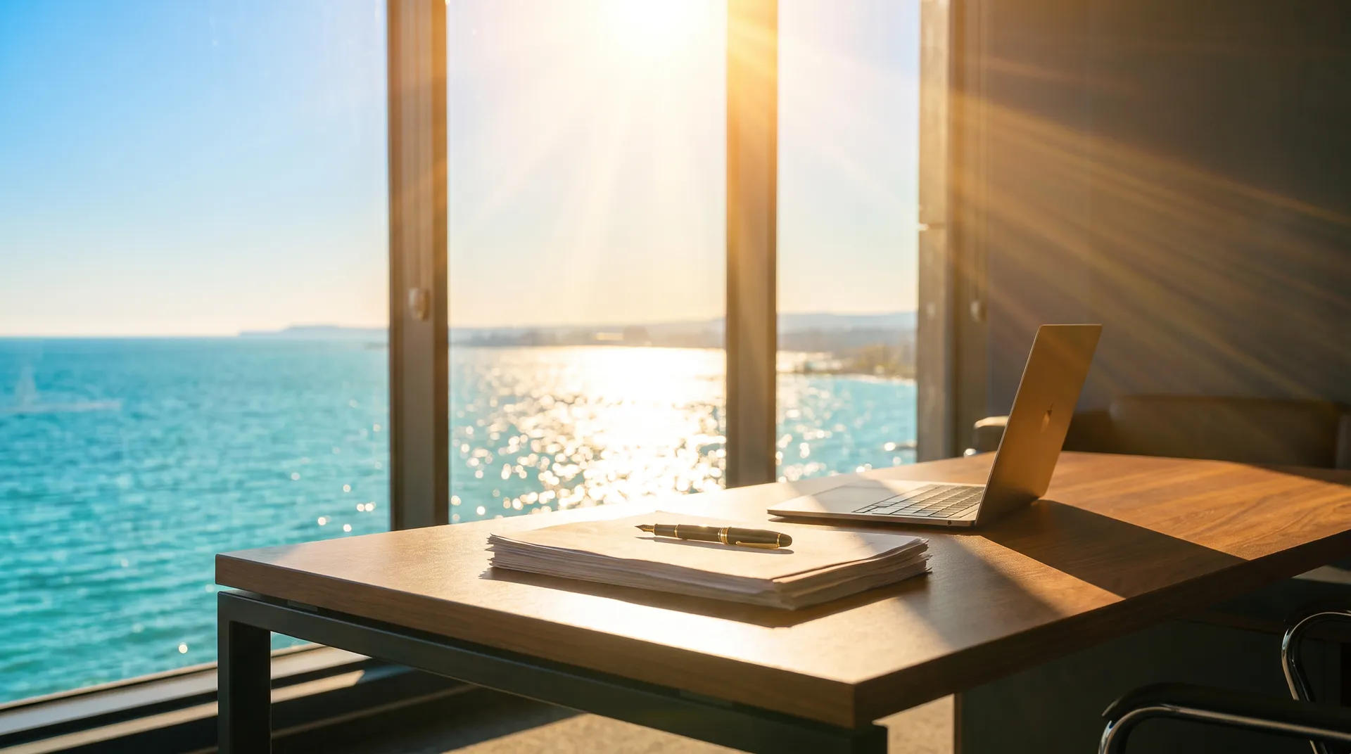 Symbolbild: Schreibtisch mit Blick aufs Meer in der Morgensonne